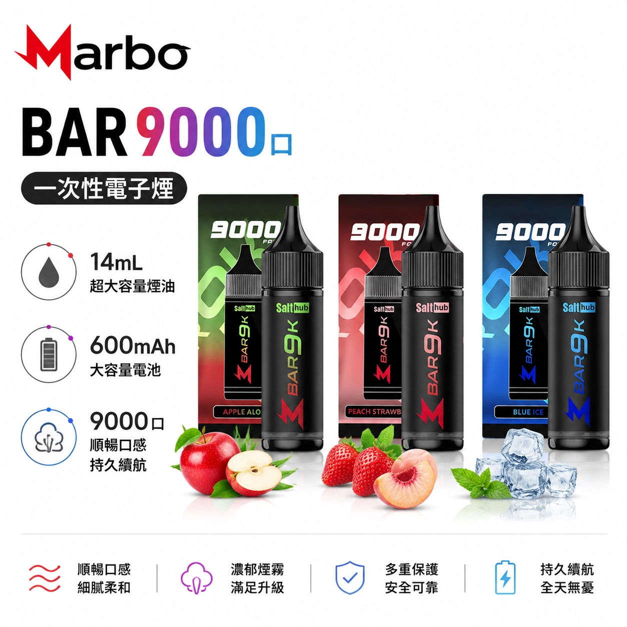 Marbo-Bar-9000拋棄式電子煙-泰國爆款.webp Marbo Bar 9000口大容量拋棄式電子煙 14mL預注油倉 0.8Ω網狀芯 可調氣流 Type-C快充(泰國爆款 Salthub 品牌 / 多口味現貨):圖片 1